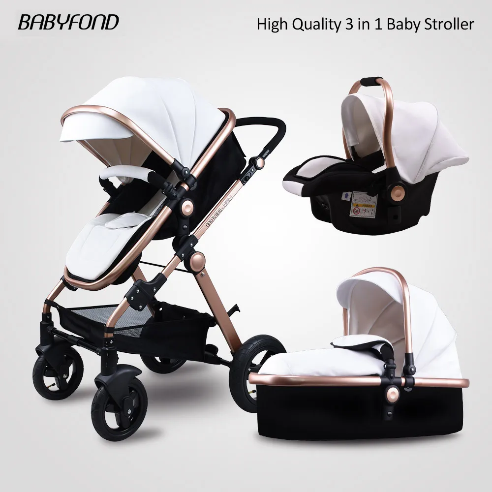 Babyfond, черная, 3в1 коляска,, реверсивное сиденье, с ручкой, роскошные кожаные детские коляски, 0-3 года, высокий пейзаж - Цвет: white 3in1