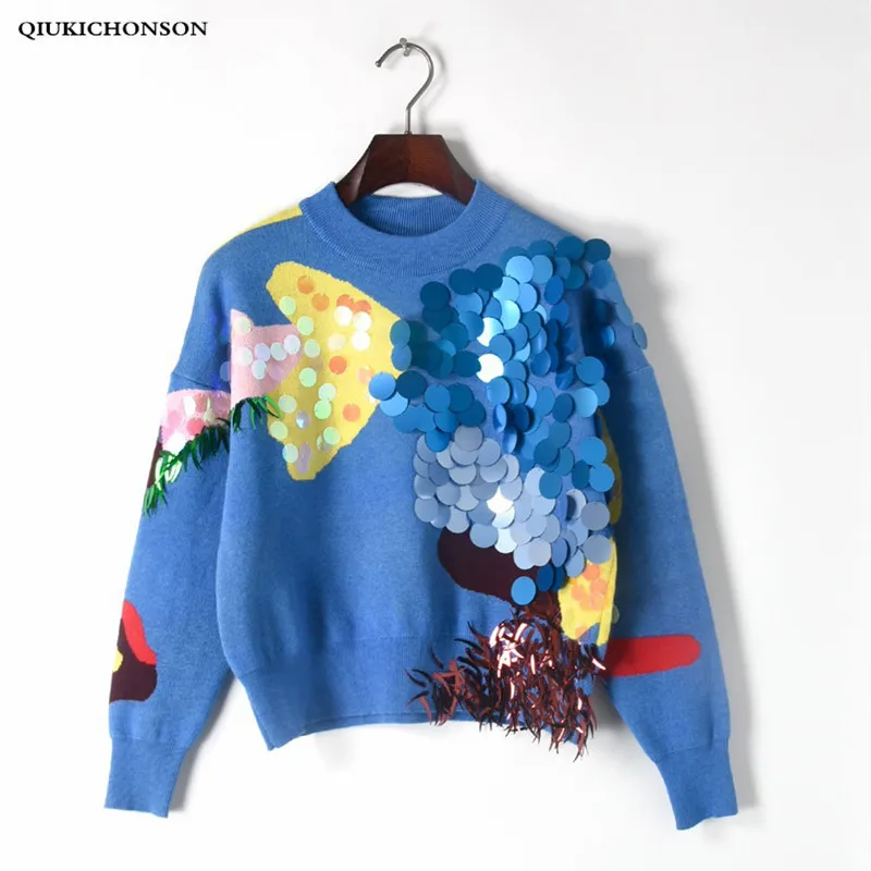 

Women Sequin Sweater Cropped Contrast Color Colorful Knitted Pullover High Street Long Sleeve Knitwear Fashion Jumpers Ladies