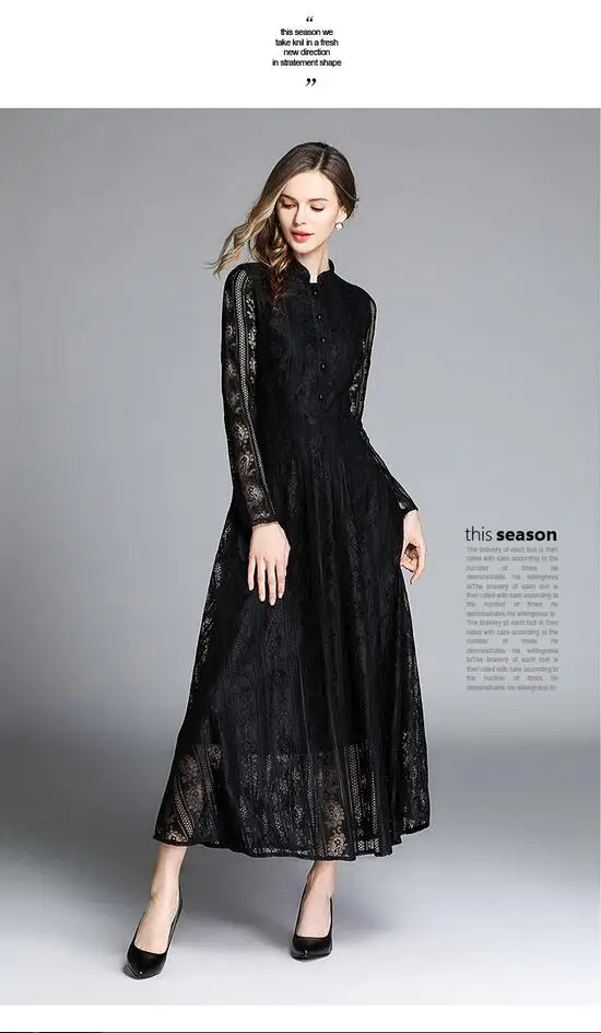 Sping Women Casual Lace Dress Fashion Long Sleeve Elegant Slim A-line Women's Party Dresses - Цвет: black