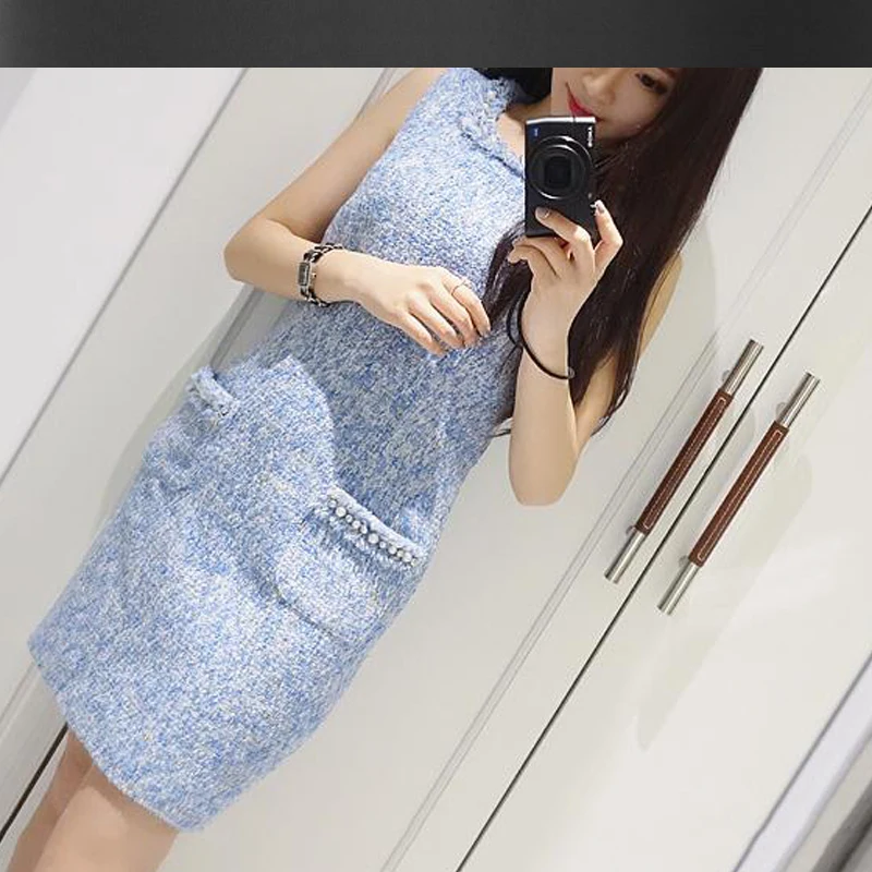 

Sky blue tweed dress 2019 Spring / autumn women dress advanced custom ladies woolen beaded sleeveless dress package hip dress