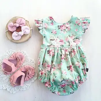 

New 2017 Toddler Baby Girls Print Floral Ruffle Sleeve Romper One Piece Jumpsuit Summer Floral Cotton clothes 0-18M