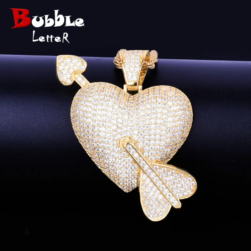 

Heart with Arrow Pendant Necklace With 4mm Tennis Chain Gold Color AAA Cubic Zircon Men's Hip hop Rock Jewelry