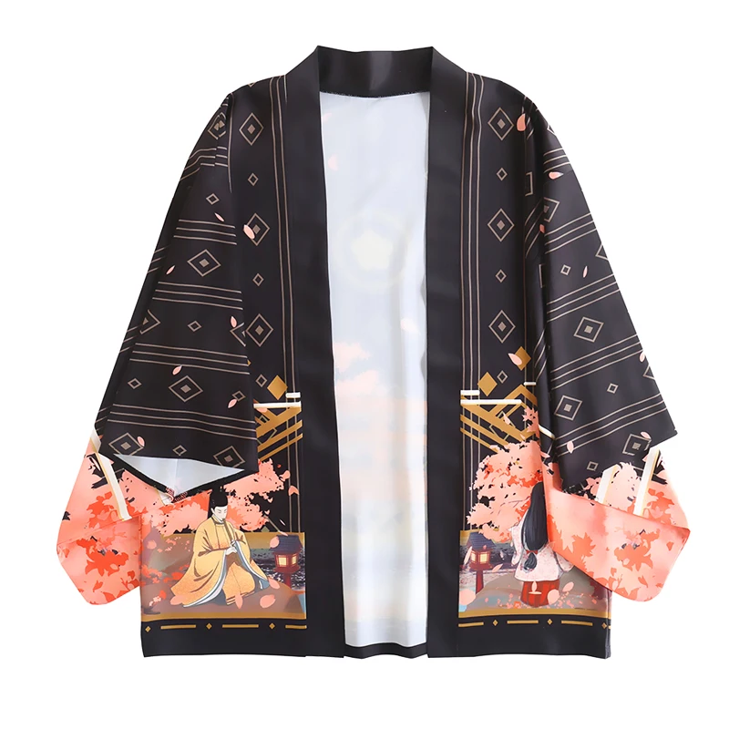 Harajuku Shirt Japanese Kimono Streetwear Striped Sleeve Print Shirt Vacation Loose  Kimono Apparel Comfort Shirt Long Sleeve