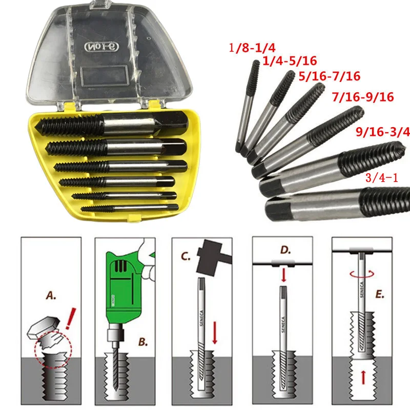 

6Pcs Set Broken Bolt Damage Screw Extractor Drill Bit Kit Easy Out Stud Reverse