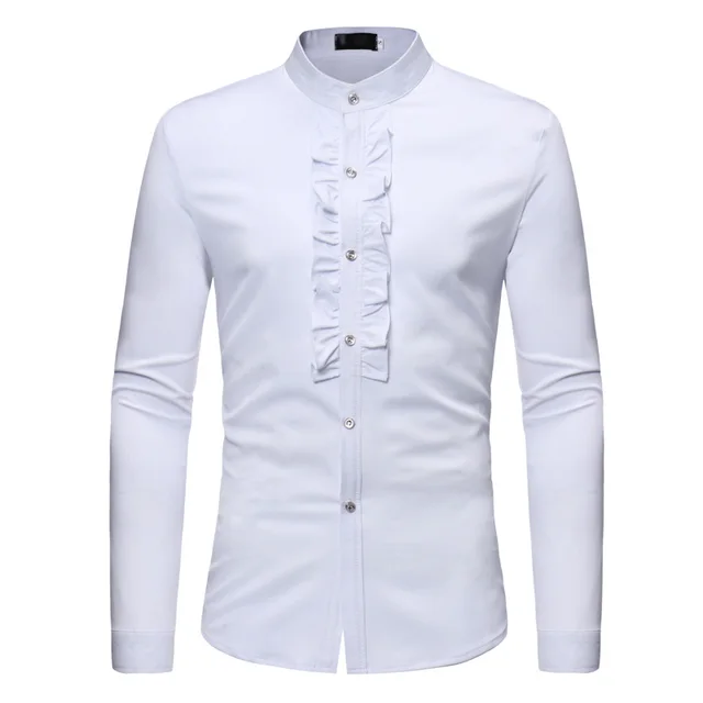 Mens Hipster Ruffle Mandarin Collar Dress Shirts Slim Fit Long Slevee