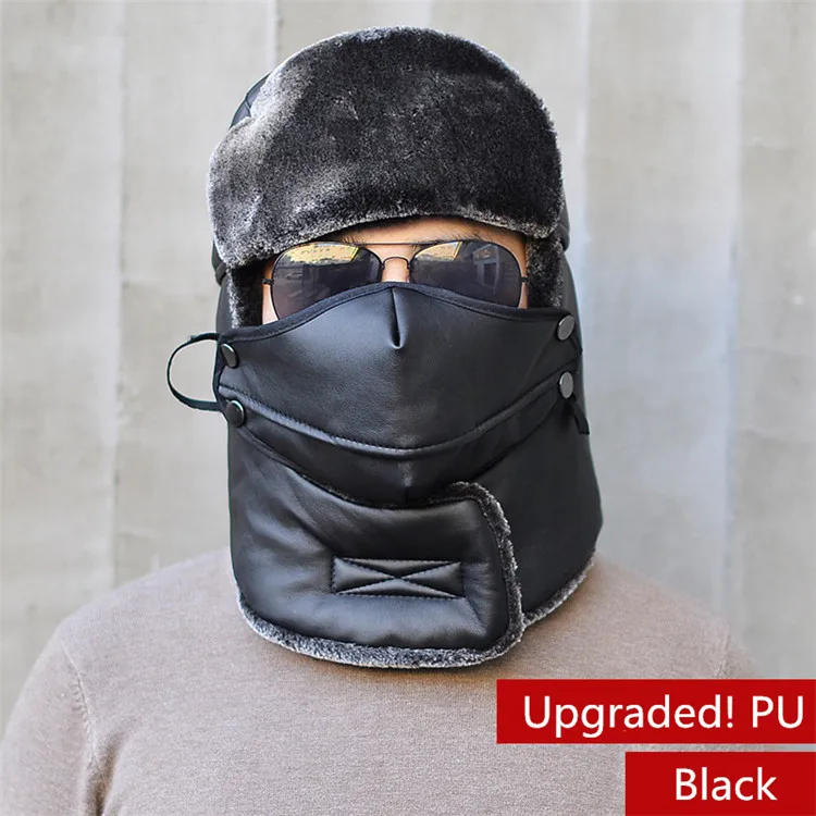 Зимние для мужчин Bomber Hat Earflap России шапки из искусственной кожи ветрозащитный ушанка охотничьи лыжные велосипедный шлем - Цвет: black hat