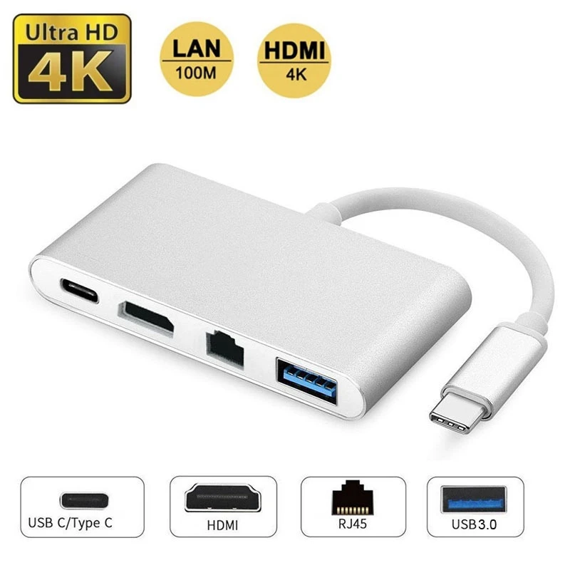 Тип C к USB3.1 Ethernet адаптер сетевой карты RJ45+ HDMI+ type c для сети HD ТВ проектор клавиатура USB накопитель MacBook