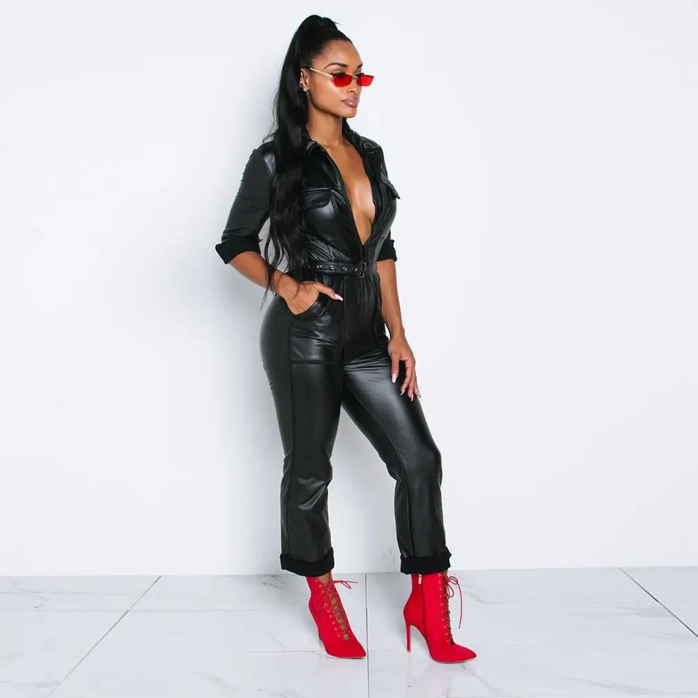 Zipper Romper Collar Long Sexy European Sale Sleeve Ry5072 Jumpsuit Spliced Hot Pu Pockets Sash Down Autumn Overall Turn Women F8POwPq
