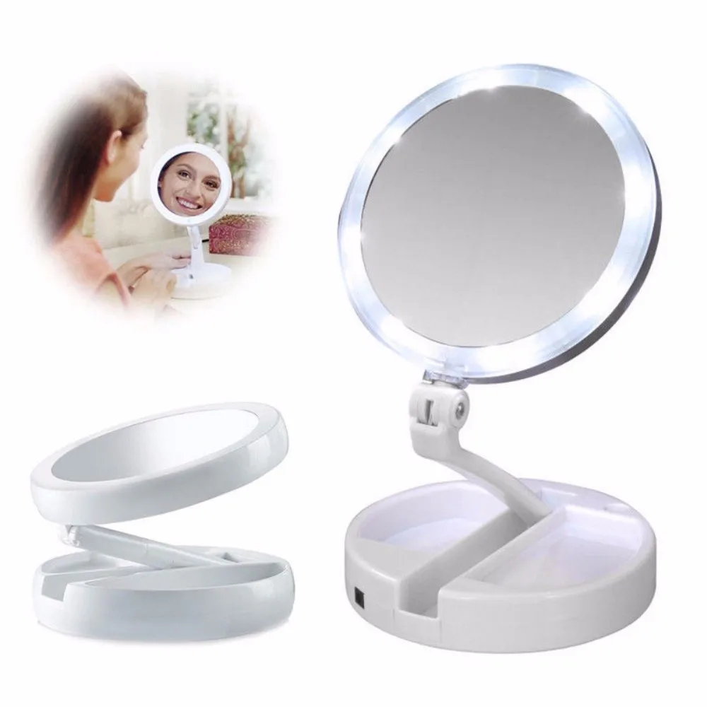 

1 Pc Women Makeup Portable Folding Mirror Magnifying LED Lighted Makeup Vanity Double Side Mirror USB straight power supply