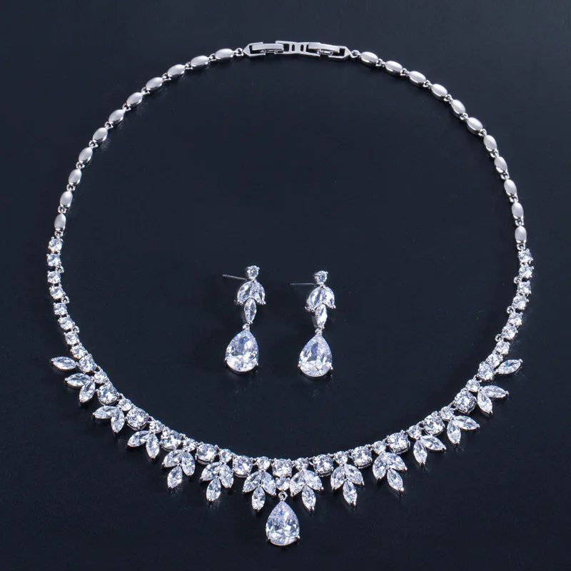 

Free Shipping Luxury Cubic Zirconia Crystal Long Water Earrings Necklace Women Flower Costume Jewelry Sets For Wedding