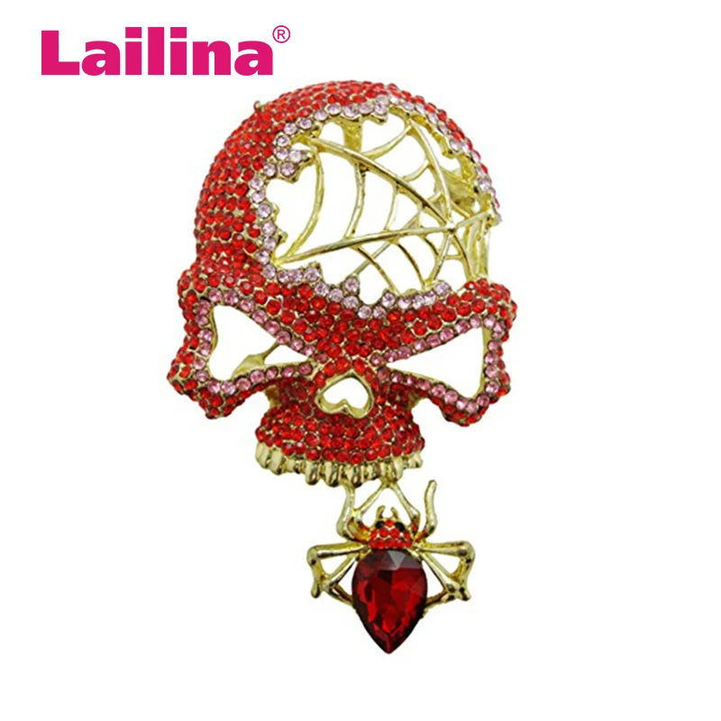 

3 inches 100pcs/lot red rhinestone Skull brooch Gold-Tone Skeleton spider brooch pin