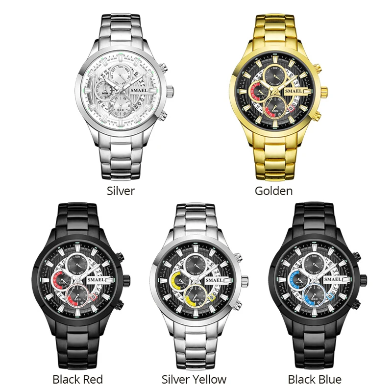 SMAEL Black & Gold Quartz Watch Top Brand Luxury Men Watches Fashion Man Wristwatches Stainless Steel Relogio Masculino Saatler