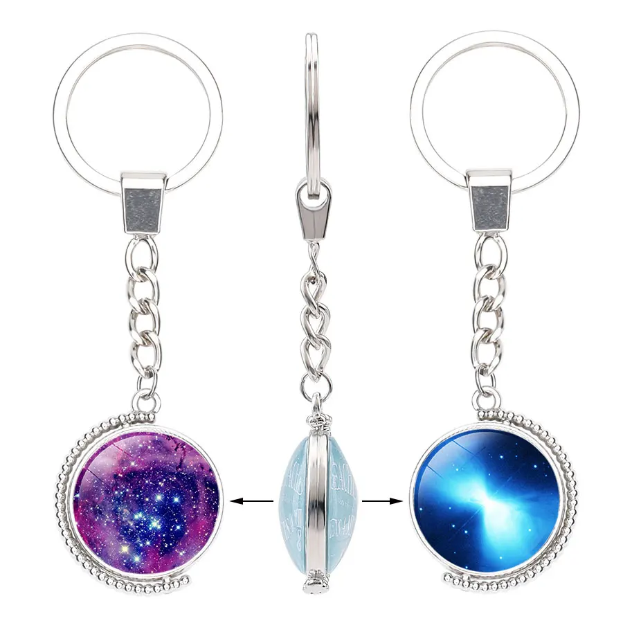 Double Side Glass Planet Galaxy Moon Pattern Key Chain Women Rotatable Handbag Accessory Fashion Car Ring for Men | Украшения и
