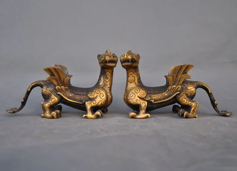 

christmas Old Chinese Fengshui Bronze Wing beast Dragon Pixiu Kirin Kylin Foo dog statue halloween