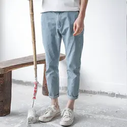 2018 Маленькие ноги стройные девять точки джинсы мужские летние тонкие повседневные Простые девять-точка брюки чистый цвет одинаковая