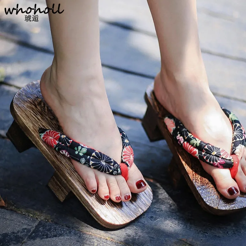 

WHOHOLL Cosplay Customes Geta Female Clogs Japanese Style Women Wooden Shoes Slippers Cool NARUTO Anime Flip-flops Two Teeth