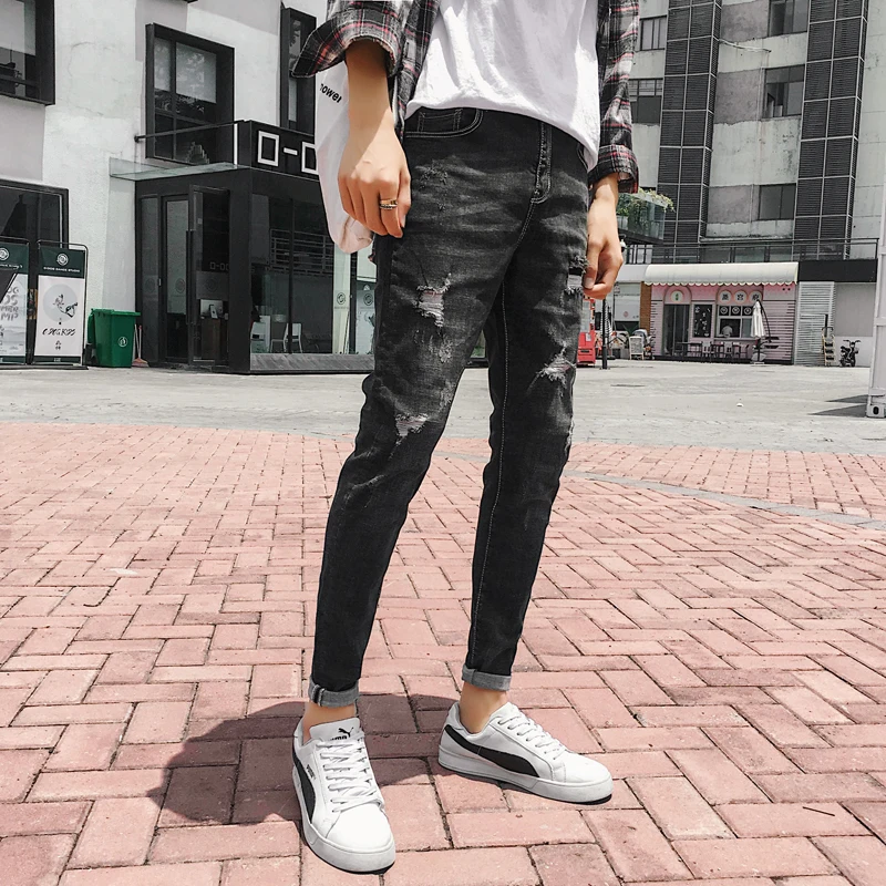 Black Biker Jeans Men Autumn New Fashion Retro Slim Large Size Casual Streetwear Personality Hole Elastic Denim Pants Man