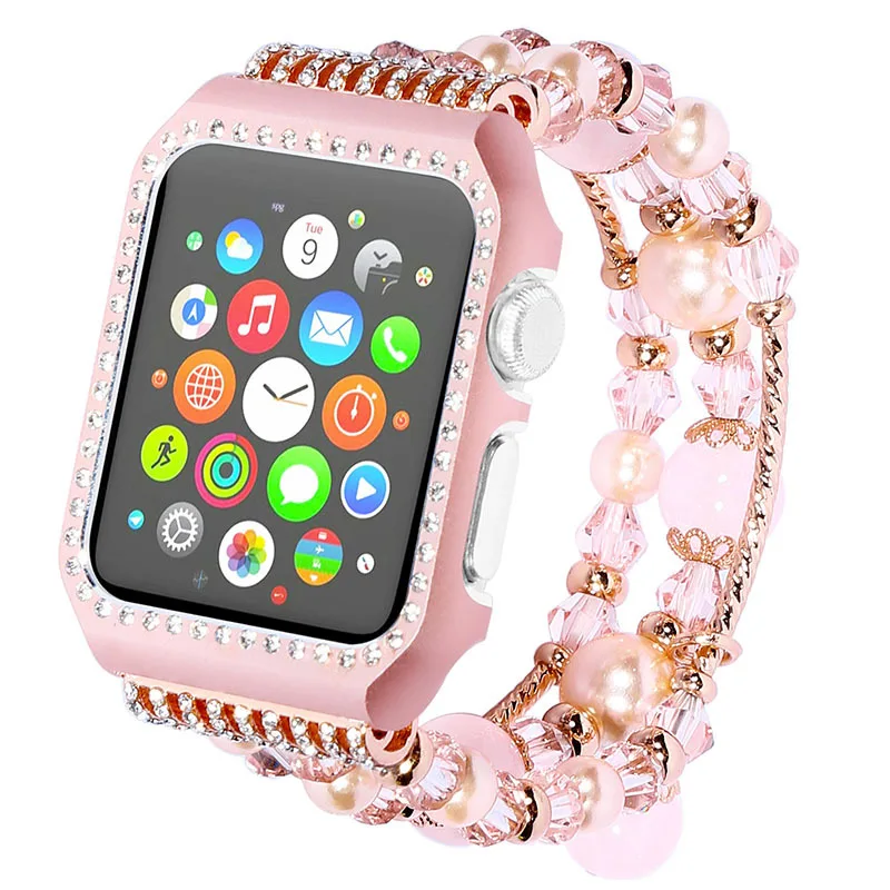 

EIMO Agate bracelet For apple watch band 42mm 38mm wrist belt watchbands & Shiny Rhinestones Metal Case for Iwatch series 3/2/1