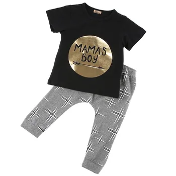 

2 pcs set!!! baby boys summer 100% cotton outfit Set gold letter printed short sleeve Tops+floral pants for 0-24M baby boy