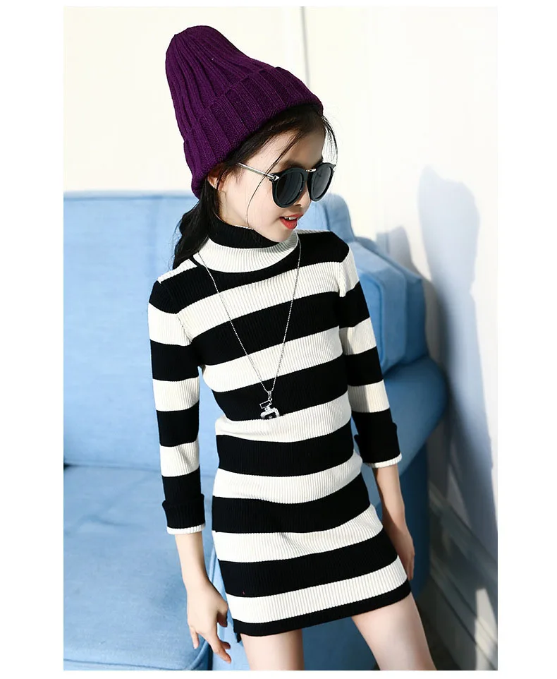 high neck knitted sweater dress girl kid autumn winter long sleeve white black striped knitting girl dresses turtleneck sweaters  5 6 7 8 9 10 11 12 13 14 15 years little teenage big girls stripe dress sweater dresses for winter (6)