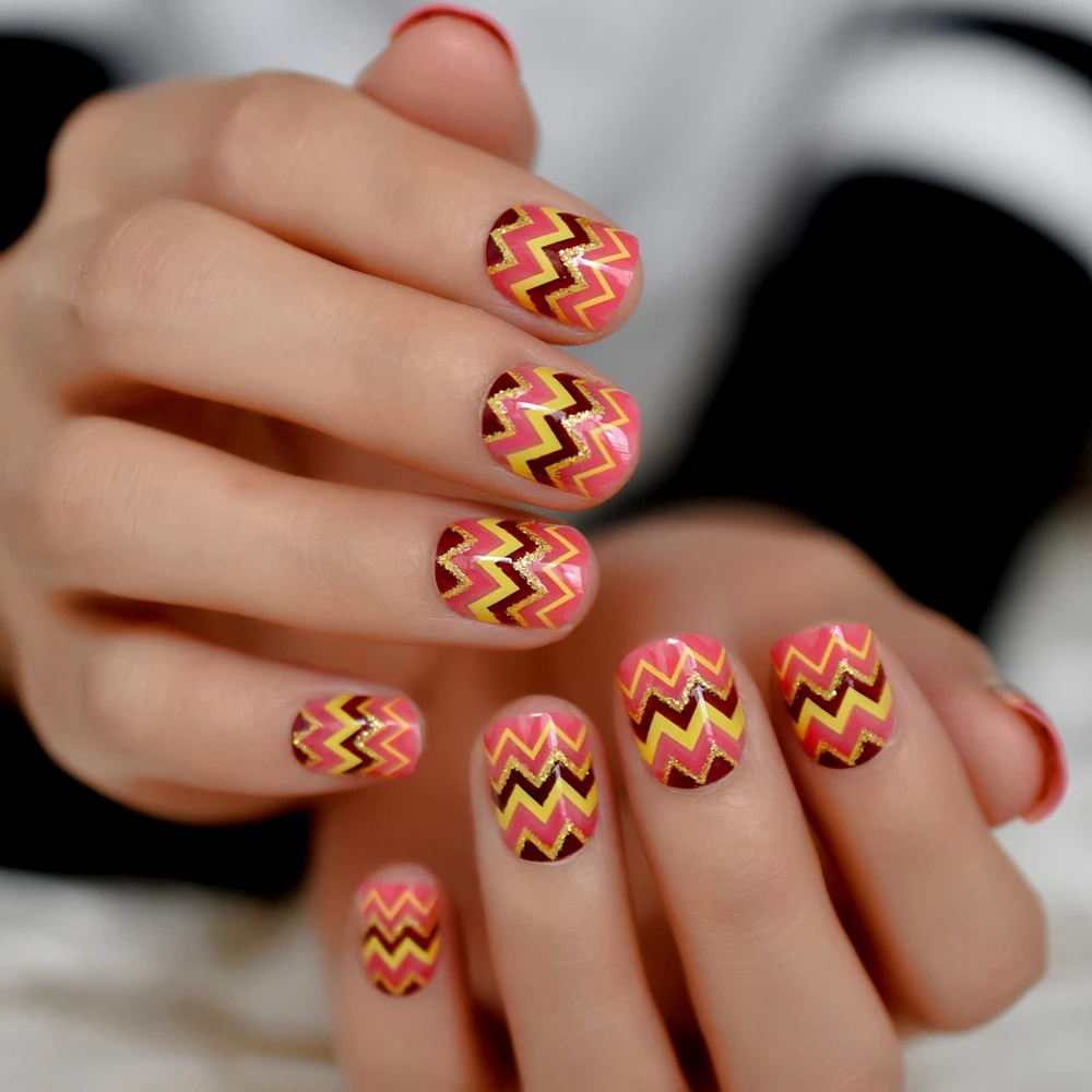 

Pattern Round Nails Short Indian Red Orange Color Nails Stripe Pre-designed Fake Nails Daily Wear 24 pcs