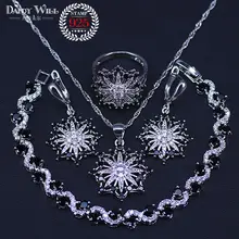 4 шт черный Кубический Цирконий 925 серебряный цвет Ювелирные наборы для женщин браслеты, подвесные колье серьги кольца подарочная коробка