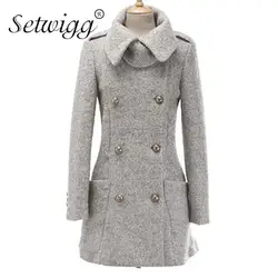 Setwigg мода зима утолщение полушерстяные Средний пальто двубортный шерстяной Карманный камвольно петли куртка пальто SG37