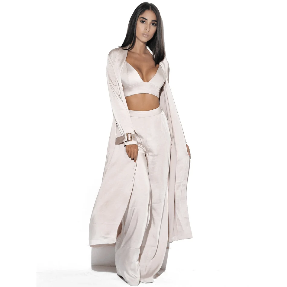 

Elegant Lace Up Three Piece Satin Pants Set Long Sleeve Lapel Belt Outwear Spaghetti Strap Crop Top Long Leg Loose Pants