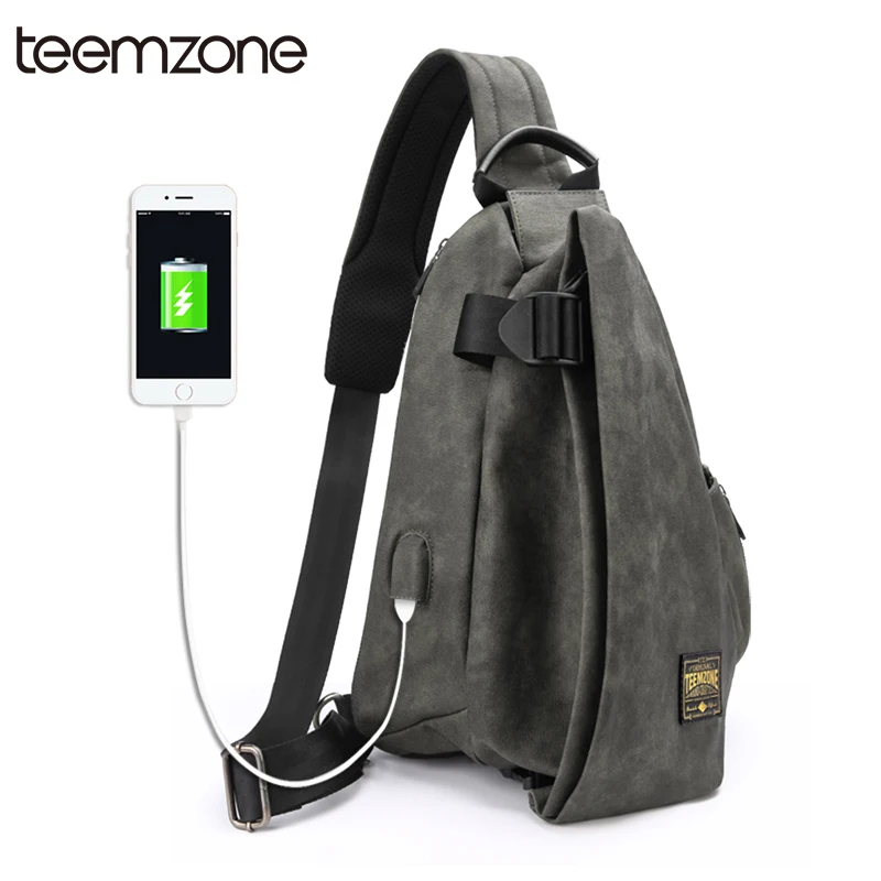 

teemzone New Student Bag for Men USB Charging Shoulder Bag Water Resistant ChestPack Large Capacity Oxford Crossbody Bag T8020-5