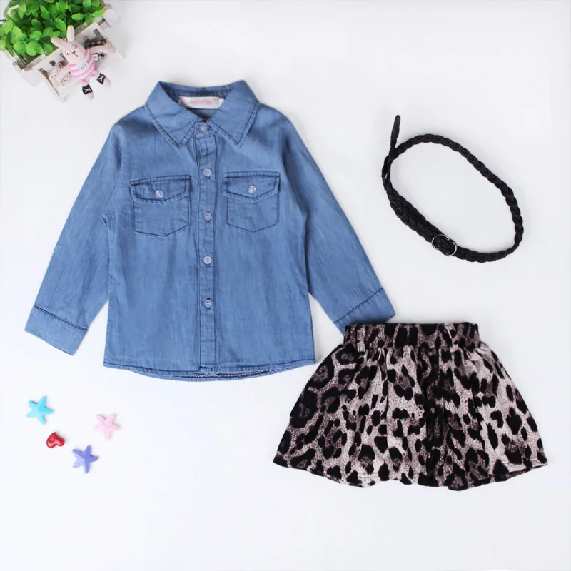 

New 2015 Baby Girls Skirt Clothing Sets Children Autumn Fashion Long Sleeve Jean Shirt+Leopard Skirt Outfits 2pcs Suit