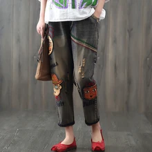 Национальный женский эластичный пояс джинсовые штаны джинсы ветер мультяшная нашивка с вышивкой Винтаж Свободные Повседневное джинсовые брюки шаровары