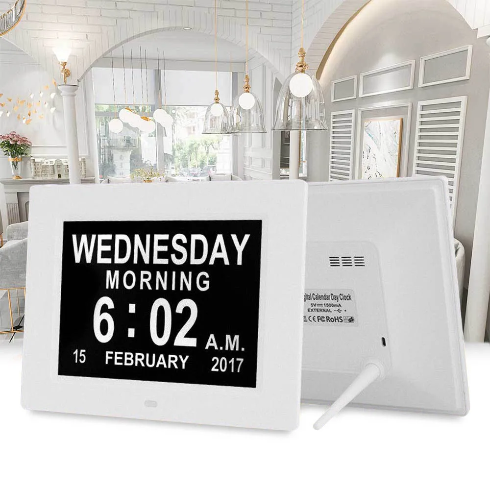 

8" Electronic LED Digital Calendar Alarm Clock with Large Letter Week/Month/Year for US/AU/UK/EU auto dims Digital Alarm Clock