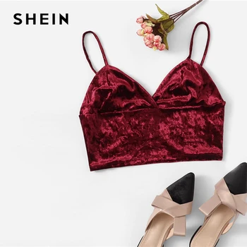 

SHEIN Burgundy Solid Velvet Bralette Cami Top Spaghetti Strap Crop Women Party Sexy Vest 2019 Autumn Slim Fit Top Vests