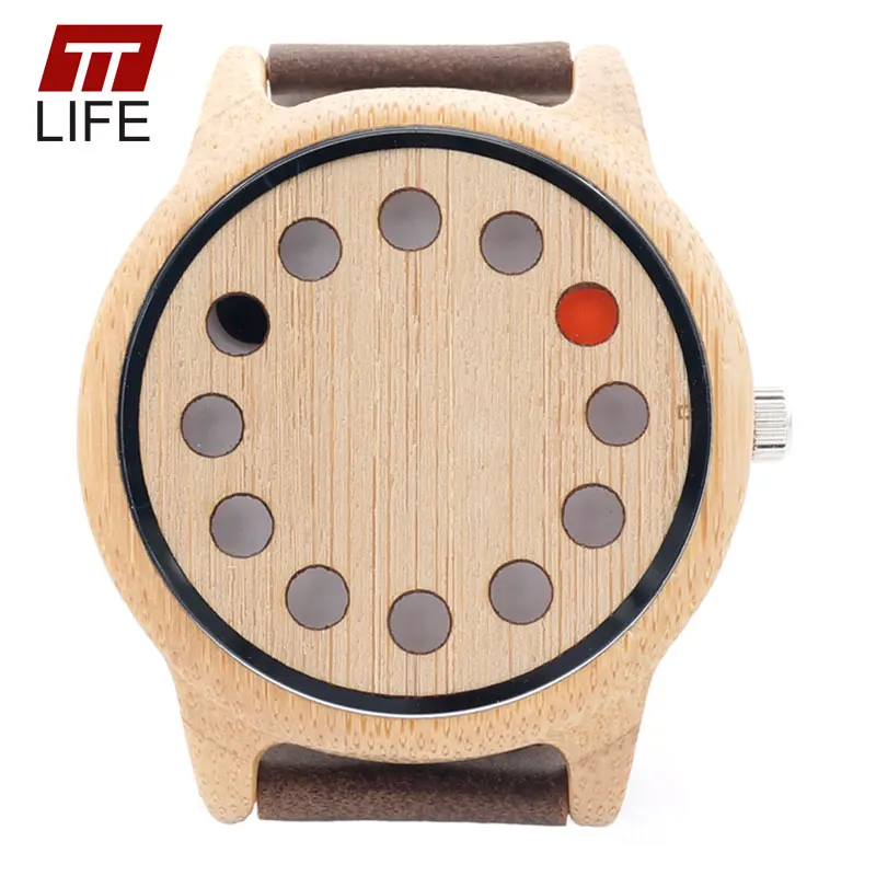 

TTLIFE Luxury Brand Wide Men Brown Leather Band Watch 12 Holes Design Round Pointers Natural Bamboo Wooden Quartz Wrist Watches