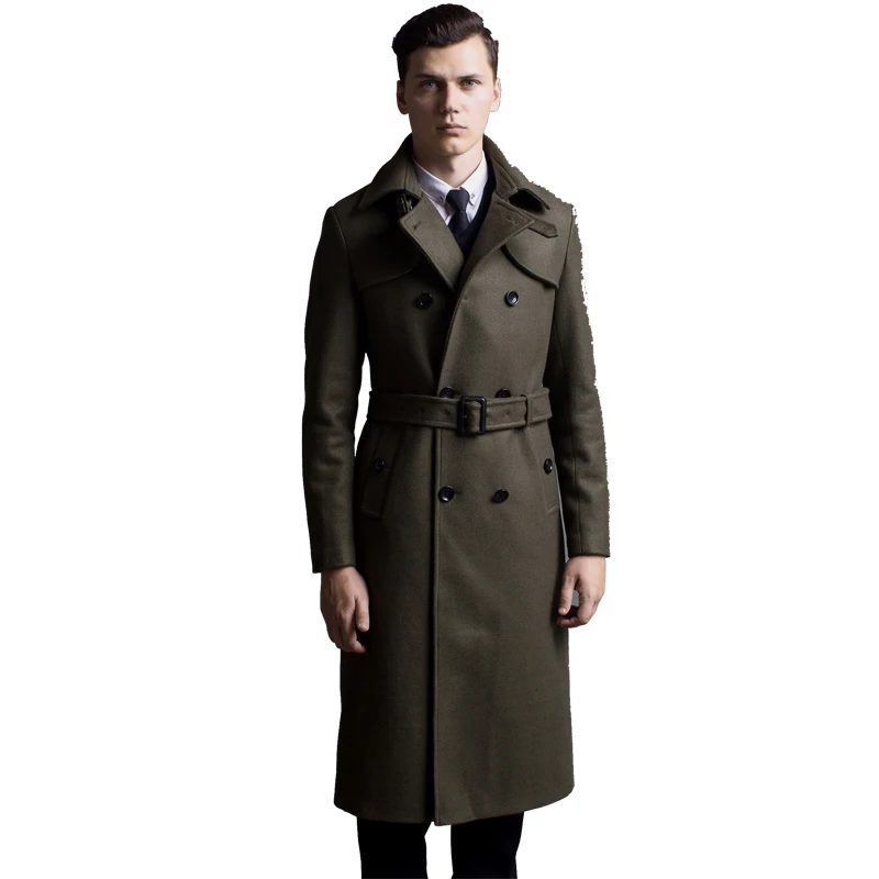 Extra long wool coat male British double breasted woolen trenchcoat