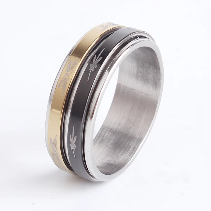 

8mm double circle rotating multi pattern random 316l Stainless Steel finger rings for women men wholesale