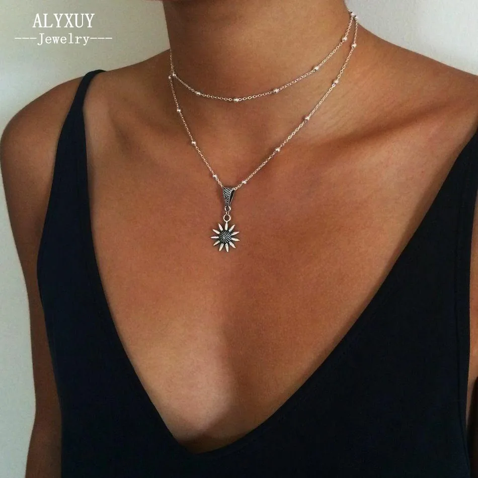 

New Boho Jewelry Multi Layer silver Beaded Choker Necklaces for Women Sexy sunflower Pendant Vintage Necklace N0166