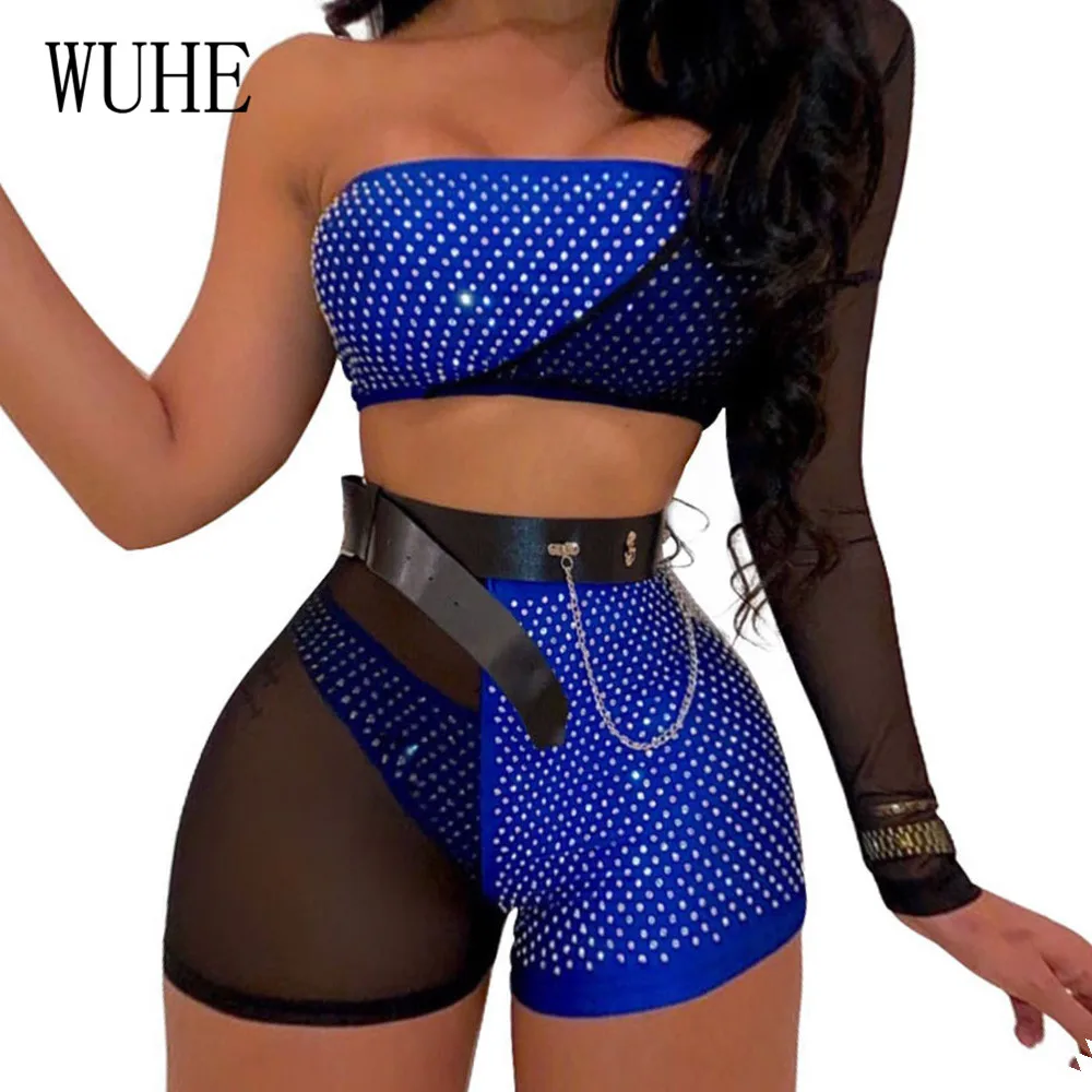 

WUHE 2 Pieces Sets Skinny Glitter Strapless Jumpsuits Sexy Off Shoulder Reflective Diamond Bodysuits Elegant Patchwork Mesh Wear