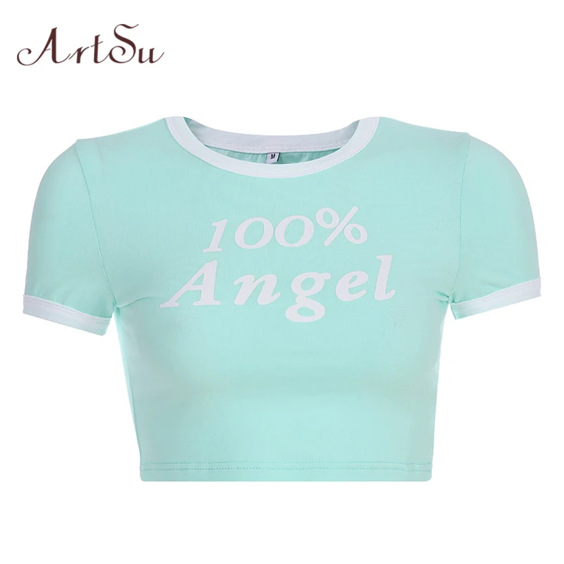 

ArtSu T shirts Women 2019 Summer Kawaii Crop Tshirt Short Sleeve Cute Shirt Tee Casual Sexy Tops Letter Printed Tshirt ASTS20838
