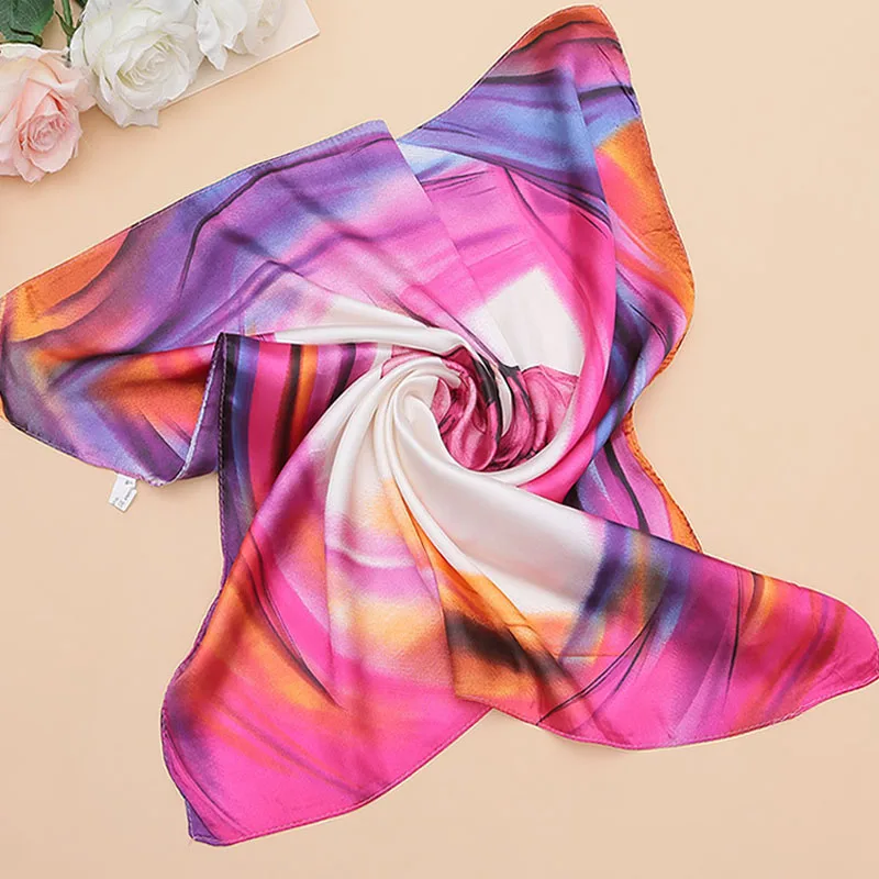 

New Colorful Women Silk Square Kerchief Flower Print 60x60cm Chic Bandana Summer Stewardess Simple style Femme Scarf Wrap F0172