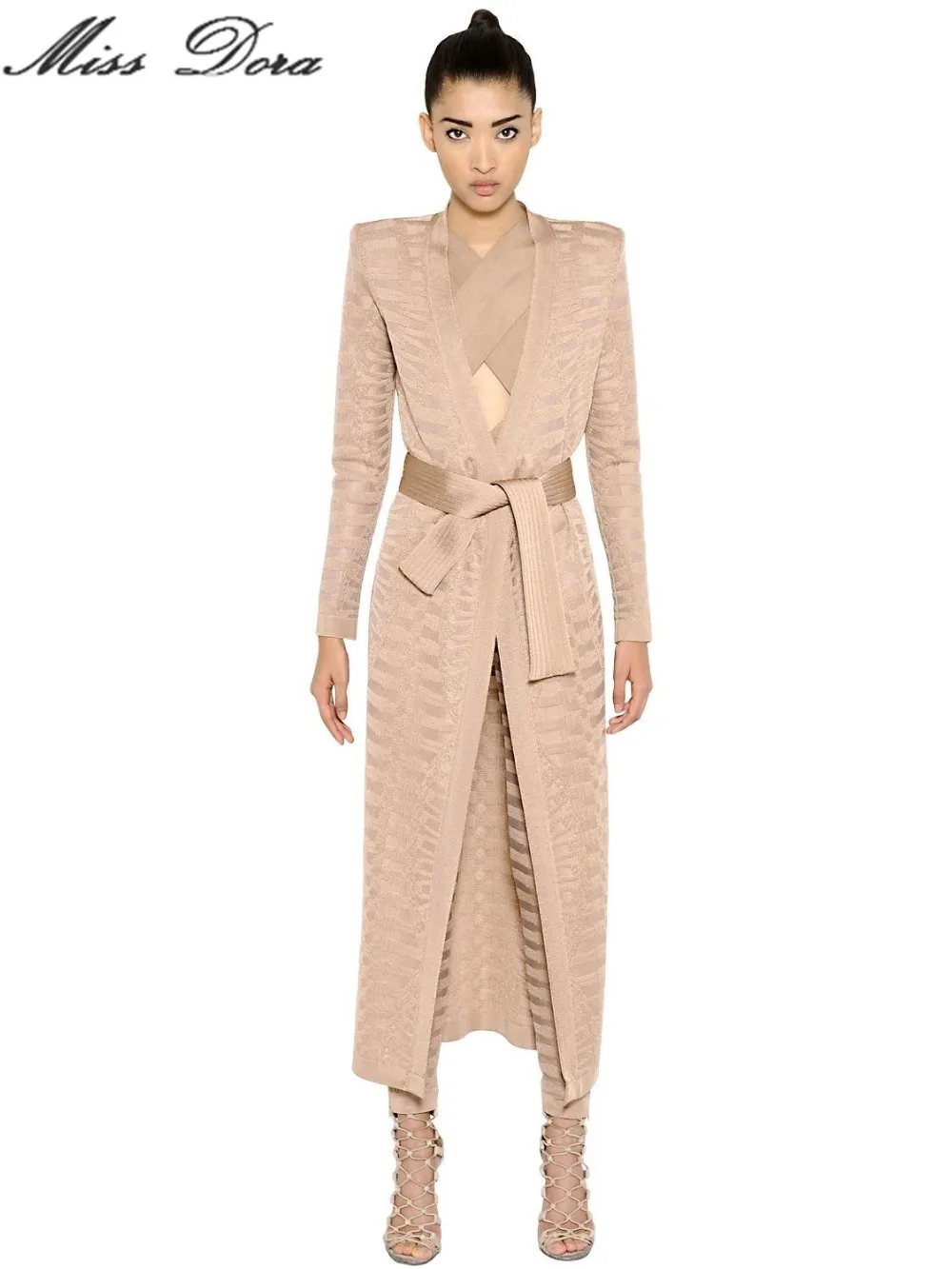 

Free Shipping! 2016 B*lmain Runway 2 Pieces Set Geometric Jacquard Plaid Bandage Long Cardigan jacket Nude Green Pants Leggings