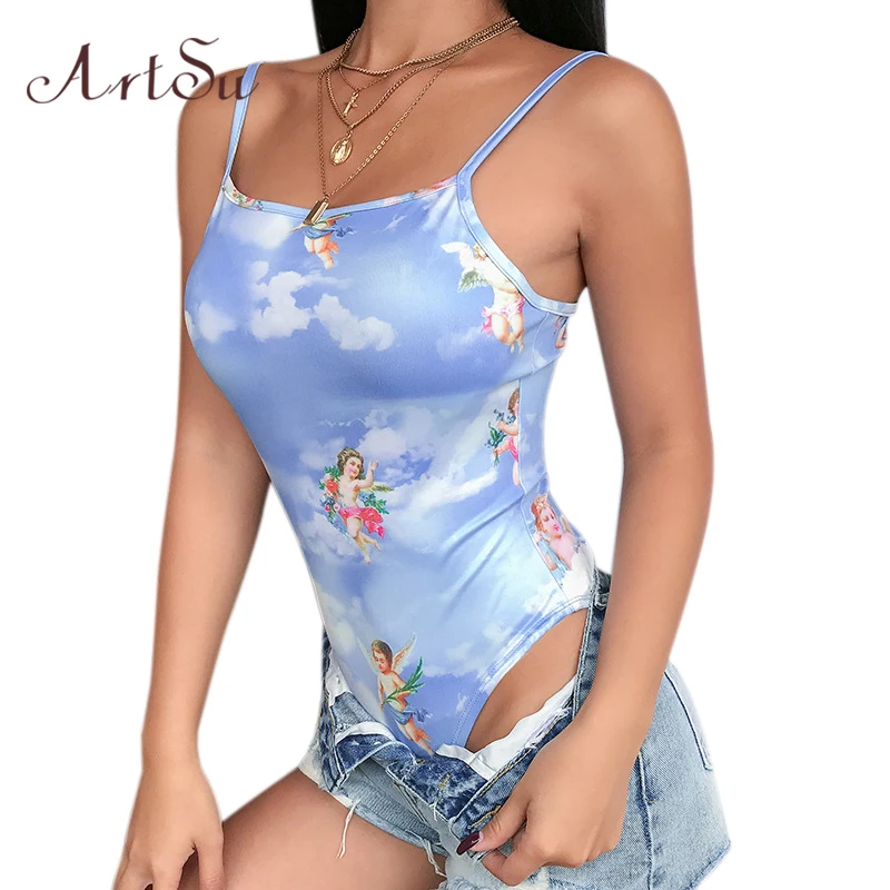 blue ArtSu, женский сексуальный боди, черный, уличная одежда, с буквенным принтом, на бретелях, с открытой спиной, облегающий женский комбинезон, боди, боди, ASJU41025 - Цвет: blue