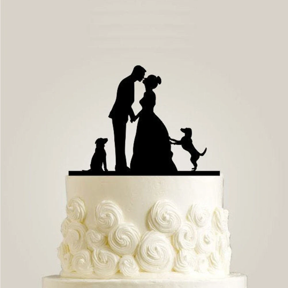 

Acrylic Wedding Cake Topper, Bride and Groom with Two dogs Silhouette Cake topper, Mr. and Mrs. Wedding Decorations Supplies