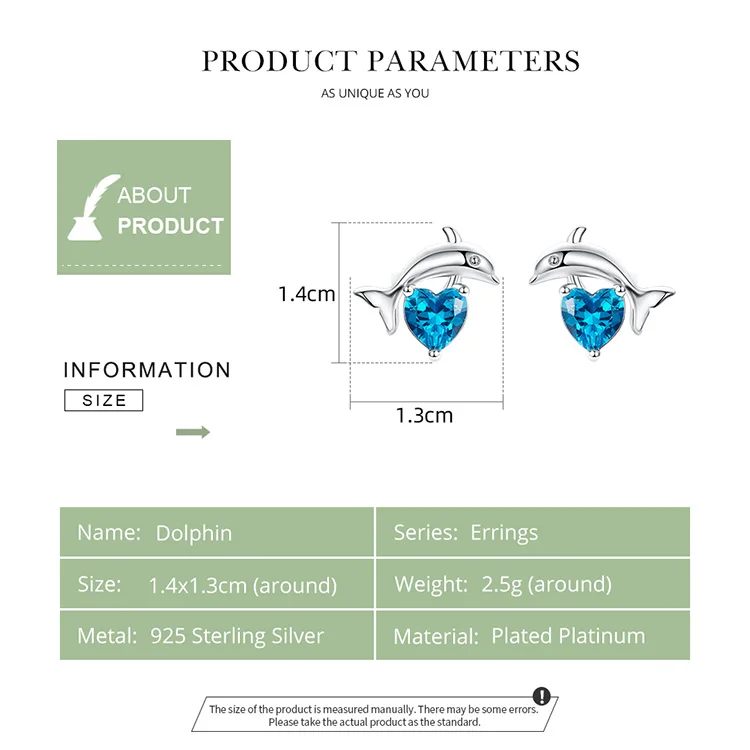 BAMOER новые серьги-гвоздики с животными дельфины для женщин голубое сердце CZ камень серьги 925 пробы серебряные ювелирные изделия для женщин BSE096