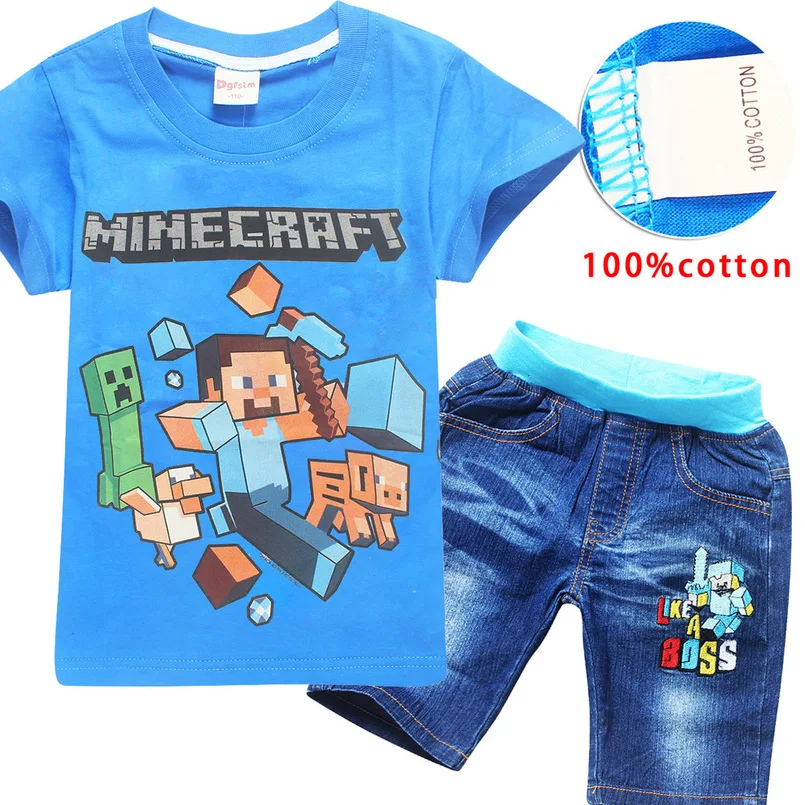 

Minecraft 2018 Summer Children Sets My World Cartoon Baby Clothes Kids Boys Girl 2pcs Set T-shirts+pant Suit T-shirt+denim Jeans