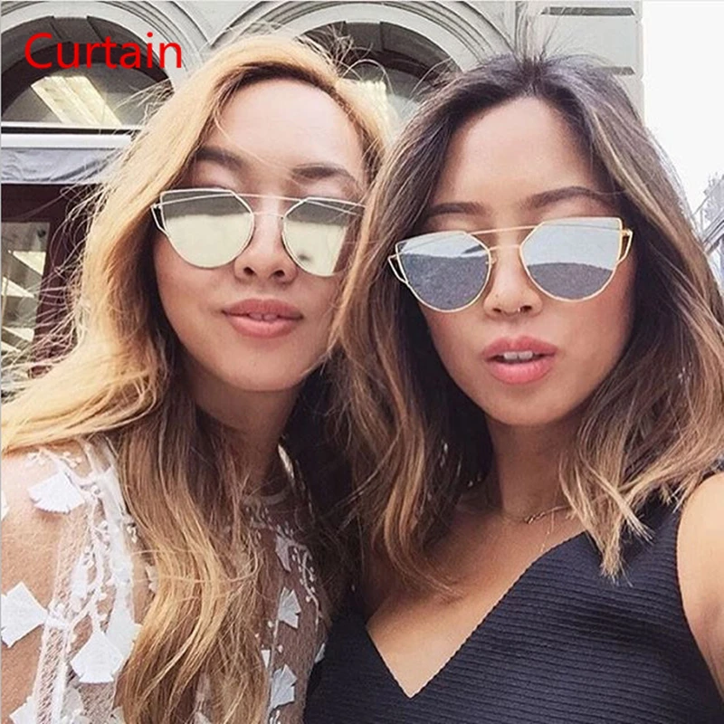 

Curtain Cat eye Women Sunglasses 2019 New Brand Design Mirror Flat Rose Gold Vintage Cateye Fashion sun glasses lady Eyewear