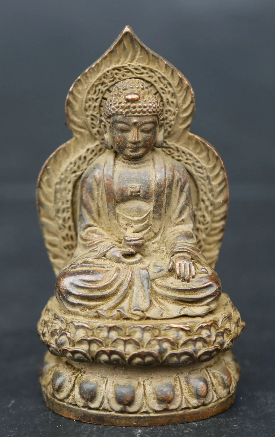 

3.3" Chinese Bronze Flammule Shakyamuni Amitabha Buddha Sit Lotus Flower Statue