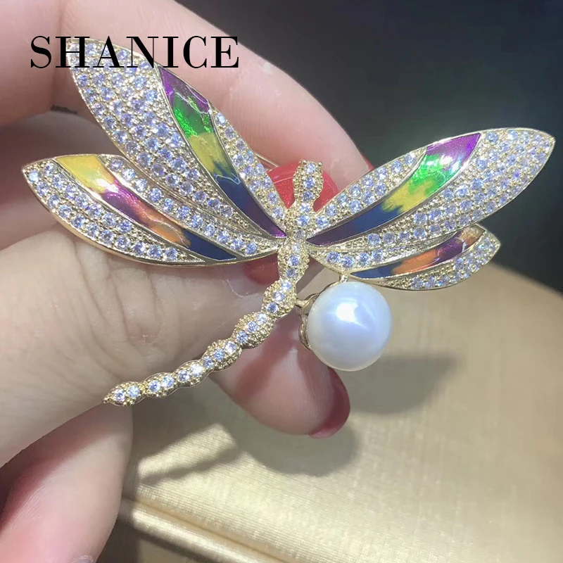 

SHANICE Big Luxurious Green Enamel Micro Paved Pearl Colorful Dragonfly Glaze Cubic Zirconia Crystal Brooch/ Pin