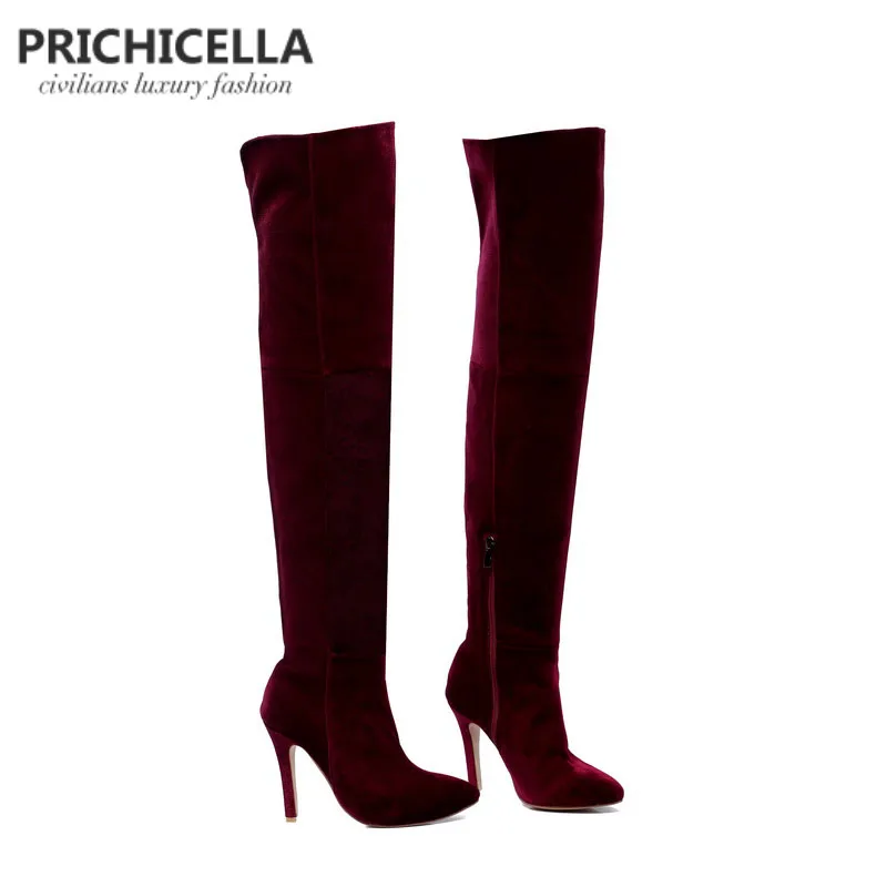 Prichicella красное вино тонкий высокий каблук стрейч облегающие пикантные эластичные тонкие длинные пинетки