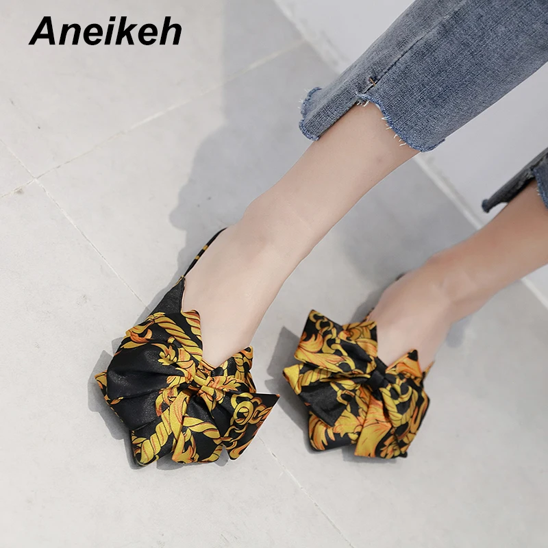 

Aneikeh 2019 Summer New Baotou Bow Ladies Slipper Sweet Print Pointed Shallow Mouth Outside Wearing Flat Slippers Size 35-41